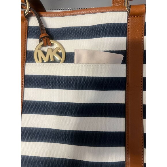 Michael Kors Striped Shoulder Bag Tote Purse Navy White Tan Leather Trim nautica - Picture 11 of 11
